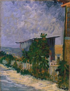 Cobertizo en Montmartre con girasol de Vincent van Gogh